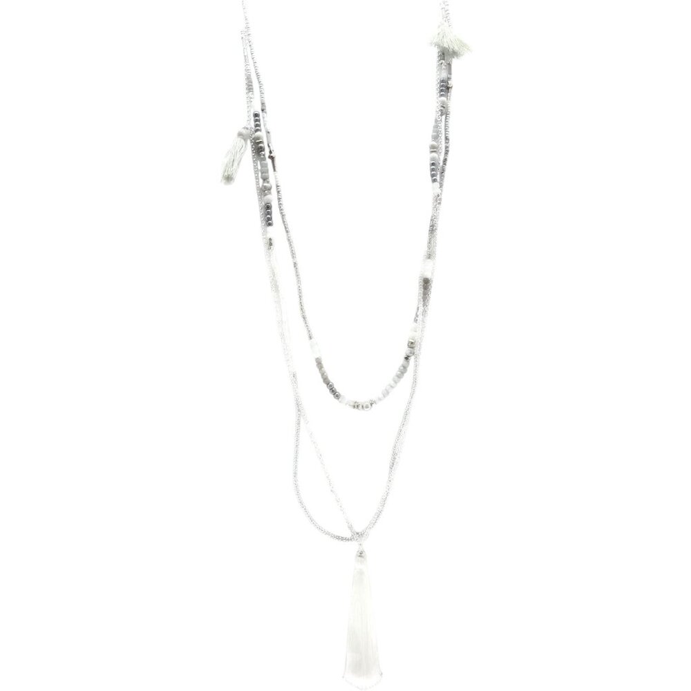 Nakamol Gray Mix Mineral Stone & Crystal Beaded Tassel Silver Layer Necklace NEW